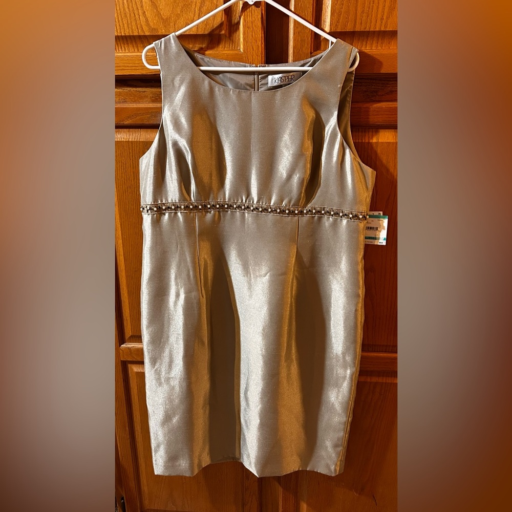 Mink Colored Sleeveless Sheath Dress with Waist Embellishment